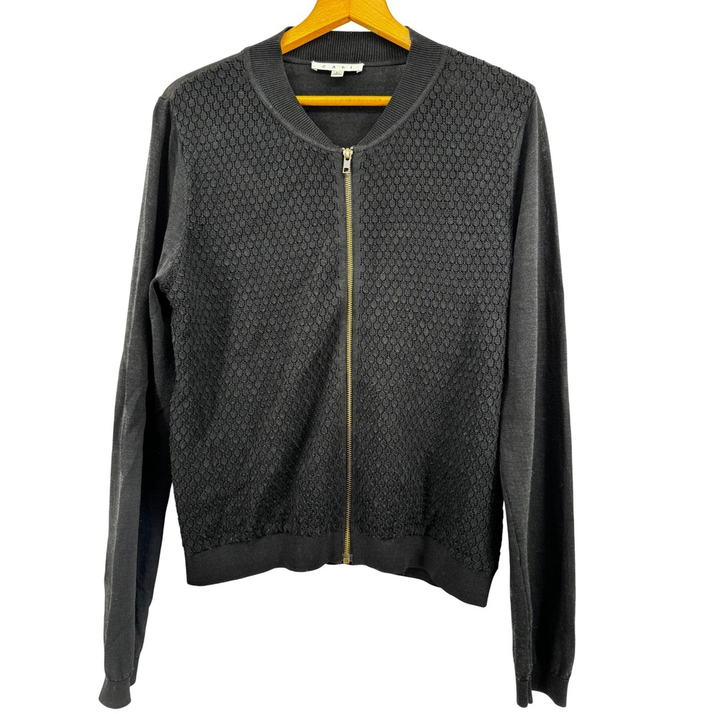 Cabi Black Textured Knit Zip Front Cardigan Sweater Bomber Style Large Jacket